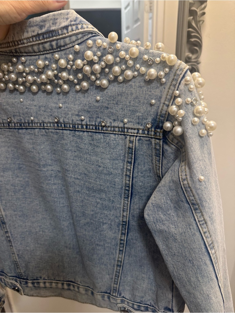 Kedera Pearl-Embellished Light Wash Denim Jacket - Picture 7 of 7